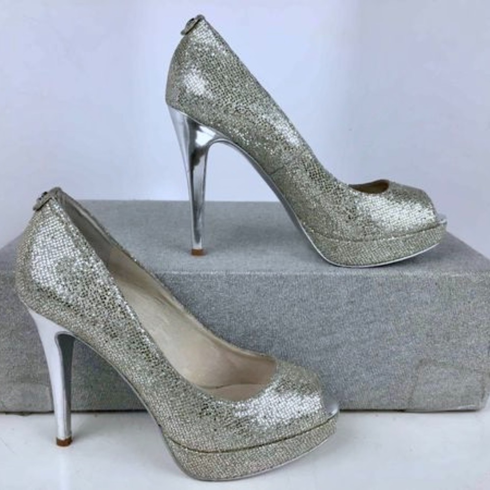 Michael Kors York Silver Open Toe Platform Pumps